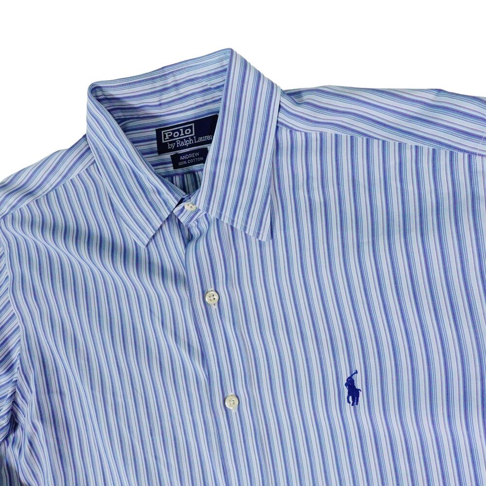 Ralph Lauren Andrew Y2K 90s Hong Kong Striped Button Blue Pony Shirt 15.5 33